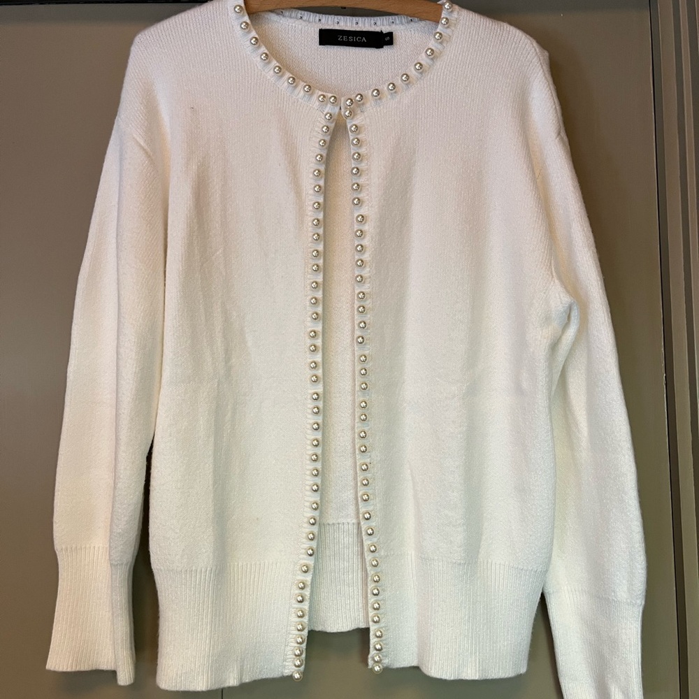 White Pearl-Trimmed Women's Cardigan